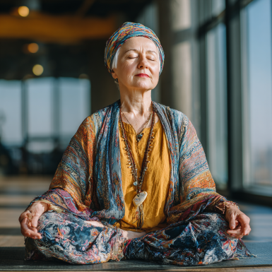 Katta yoshdagi ayol yoga mashqlari bilan band